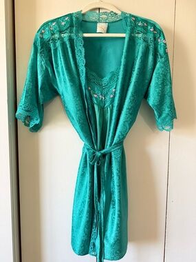 Vintage 70s Stardust Fairycore Emerald Green Teal Chemise Peignoir Set Florets L